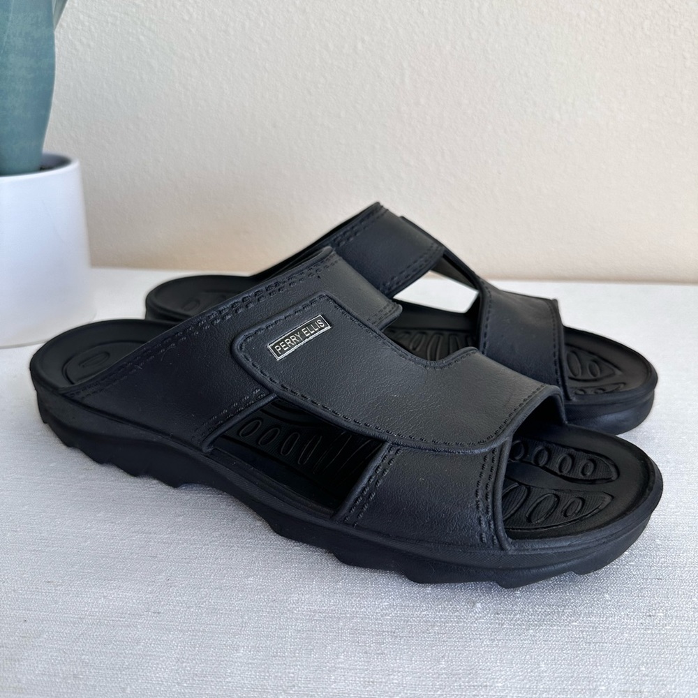 Perth Ellis Black Leather-like Rubber Lightweight Sporty Slide Sandals Men’s 11